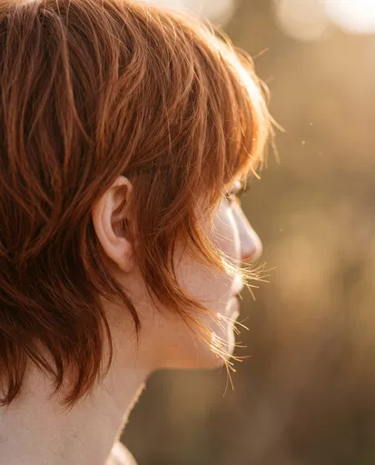 Backlit Auburn Pixie Cut Profile