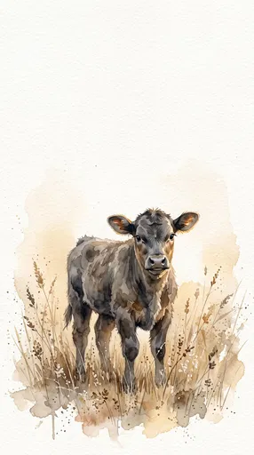 Watercolor Angus Calf in Autumn Grass