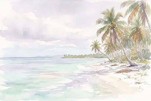 Pastel Watercolor Tropical Beach With Palms