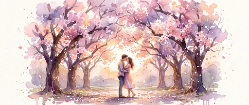 Watercolor Couple Kissing Under Cherry Blossoms