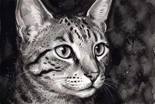 Monochrome Watercolor Egyptian Mau Cat Portrait