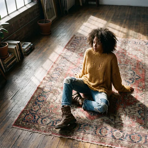 Woman In Ochre Sweater On Vintage Rug