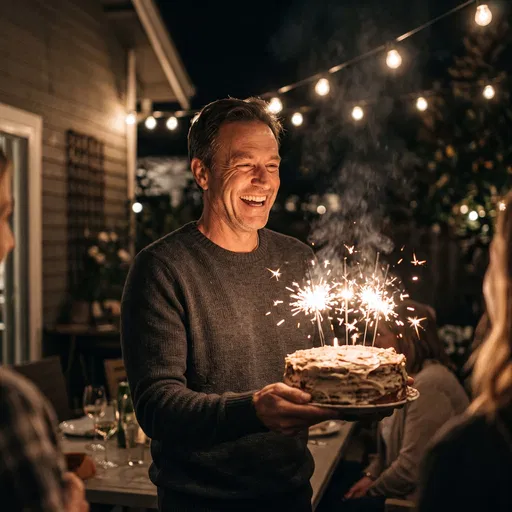 Smiling Man Holding Birthday Cake With Sparklers