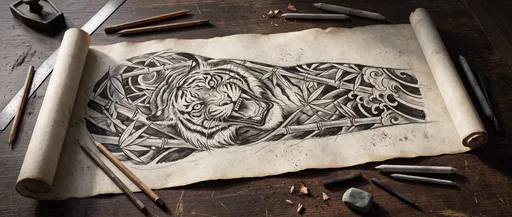 Tiger Sleeve Tattoo Sketch on Scroll