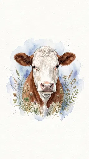 Watercolor Hereford Cow Botanical Portrait