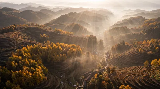 Misty Autumn Terraced Valley at Sunrise