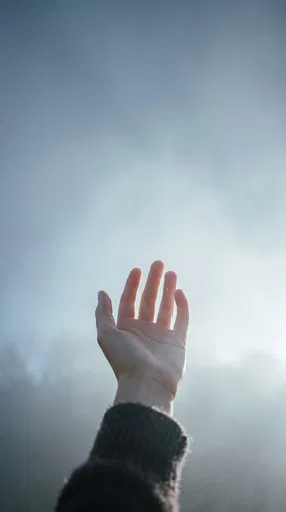 Open Hand Raised Toward Misty Sky