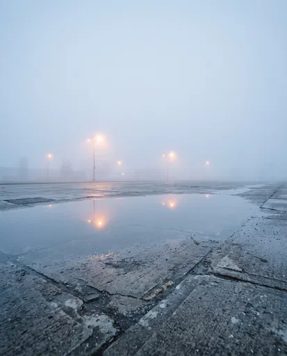 Foggy Concrete Pavement With Puddle Reflection