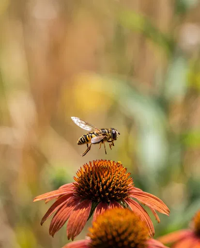 Hoverfly Mid-Air Above Orange Echinacea Flower