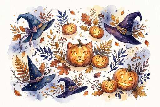 Watercolor Halloween Cat Pumpkins and Witch Hats