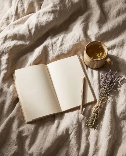 Open Journal and Tea on Linen