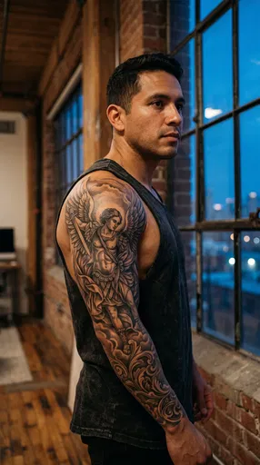 Man With Archangel Sleeve Tattoo By Window