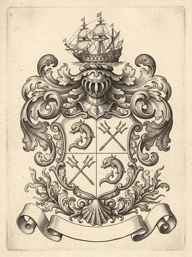 Maritime Heraldic Coat of Arms Engraving
