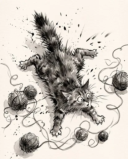 Startled Cat Ink and Wash Illustration