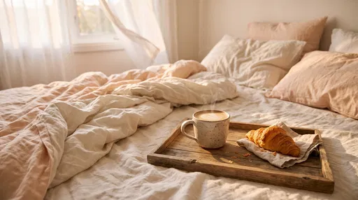 Coffee and Croissant on Unmade Bed