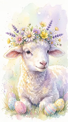 Watercolor Lamb Wearing Pastel Floral Crown