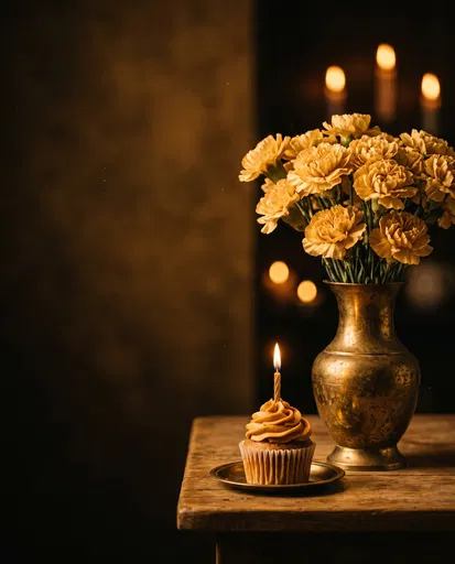 Golden Carnations and Birthday Cupcake Still Life