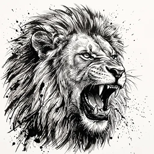 Roaring Lion Head India Ink Drawing