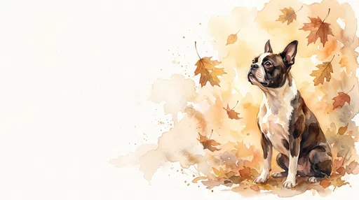 Watercolor Boston Terrier with Autumn Leaves