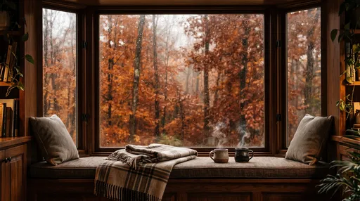 Cozy Window Seat Overlooking Rainy Autumn Forest