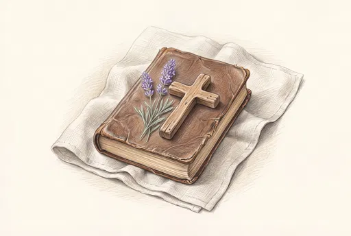 Bible with Wooden Cross and Lavender