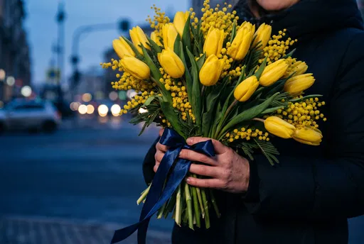 Hands Holding Yellow Tulip and Mimosa Bouquet