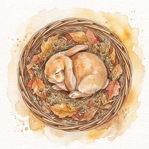 Watercolor Sleeping Bunny in Autumn Basket