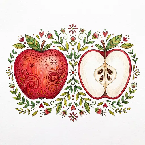 Folk Art Whole and Halved Apple Illustration