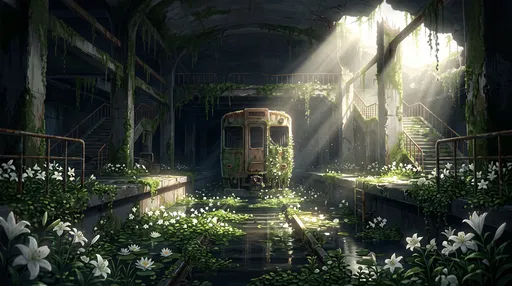 Overgrown Flooded Subway Station Anime Background