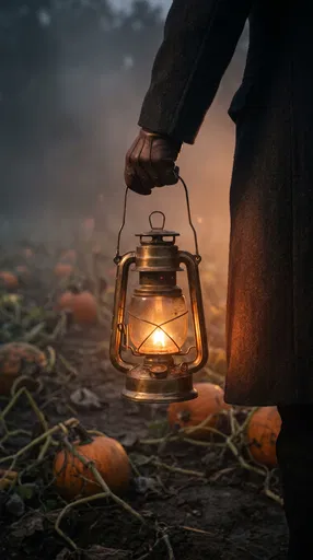 Gloved Hand Holding Lantern in Pumpkin Patch