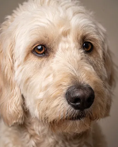 Close-Up Portrait of Cream Goldendoodle Dog