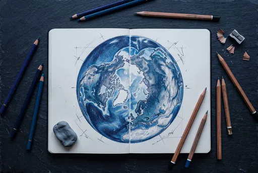 Blue Colored Pencil Earth Sketchbook Flat Lay