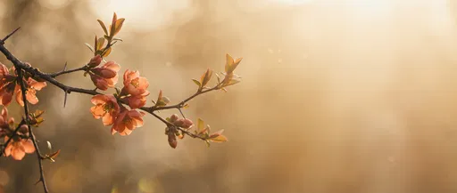 Golden Backlit Flowering Quince Branch
