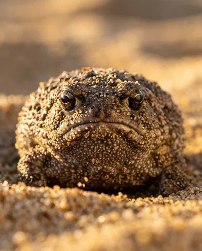 Grumpy Sand-Covered Desert Frog Macro