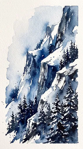 Indigo Watercolor Snowy Mountain and Pine Trees