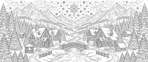 Symmetrical Alpine Christmas Village Coloring Page