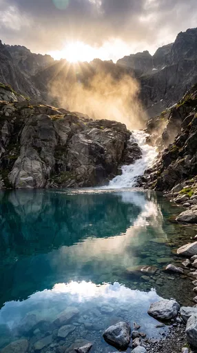 Sunlit Alpine Waterfall and Clear Mountain Lake