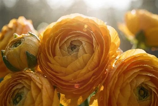 Backlit Golden Yellow Ranunculus Flowers Close-Up
