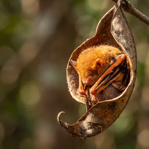 Sleeping Painted Bat in Curled Dry Leaf