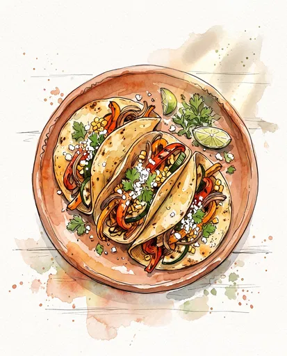 Watercolor Illustration of Three Vegetable Tacos