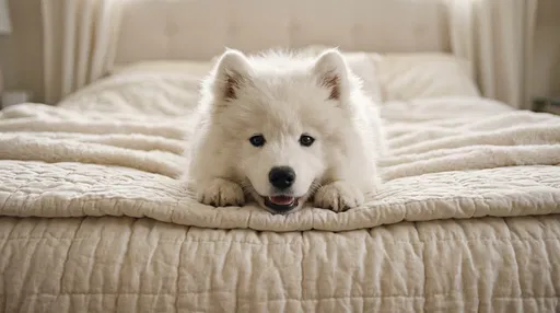 Fluffy White Samoyed Puppy on Cream Bed