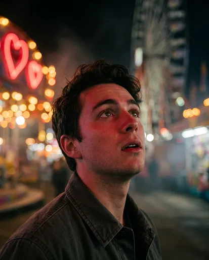 Young Man Looking Up at Carnival Lights