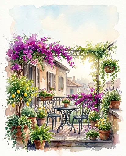 Watercolor Mediterranean Terrace Garden Bistro Illustration