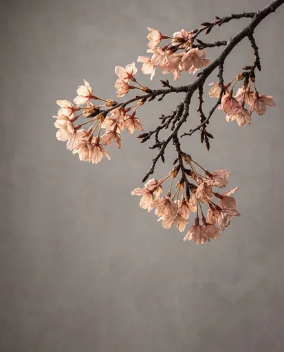 Dried Cherry Blossom Branch on Grey