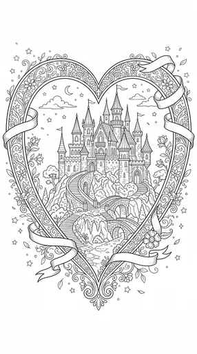 Fairytale Castle inside Ornate Heart Coloring Page