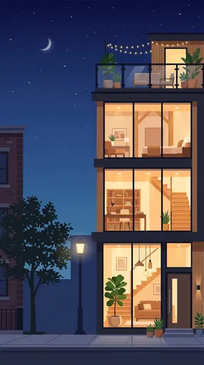Modern Three-Story Townhouse Illustration at Night