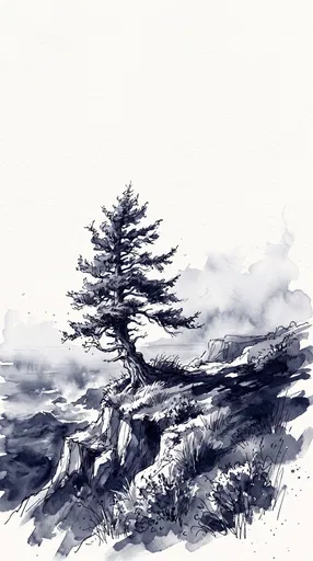 Indigo Watercolor Lone Tree on Cliff