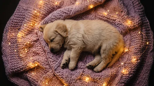 Sleeping Golden Retriever Puppy on Knitted Blanket