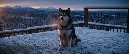 Alaskan Malamute on Snowy Timber Deck
