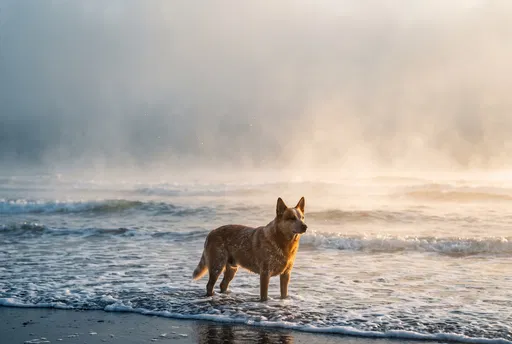 Red Cattle Dog in Misty Ocean Surf